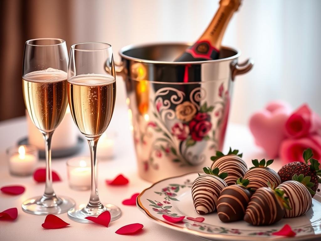 Couple enjoying champagne and strawberries