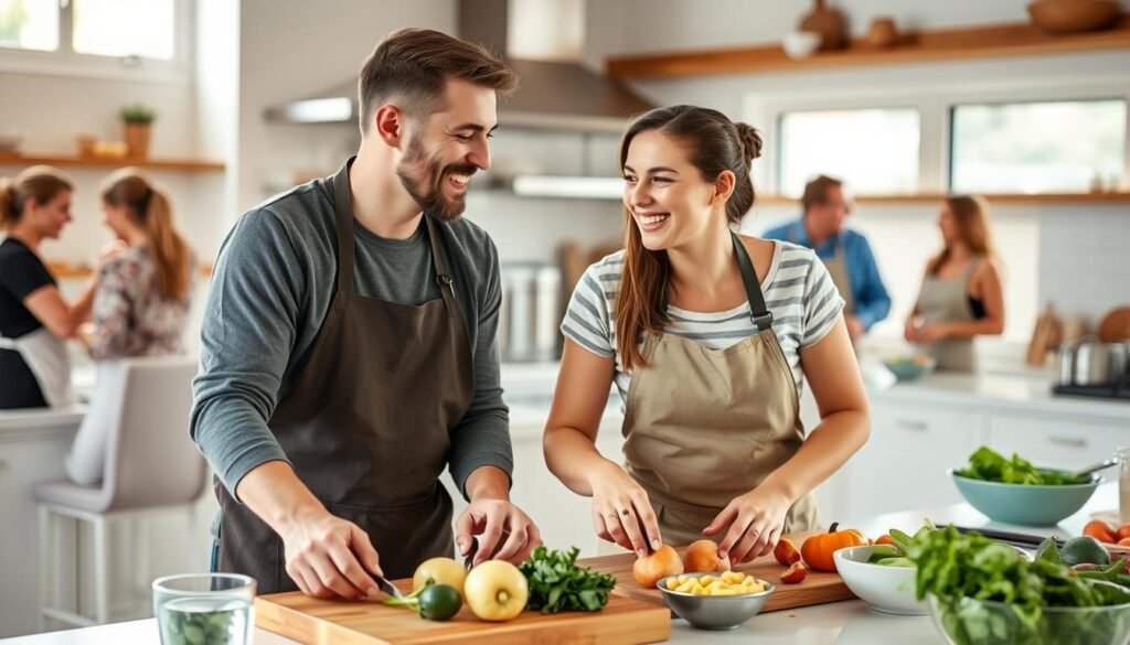 Couple enjoying experience gift of cooking class for 1 year anniversary