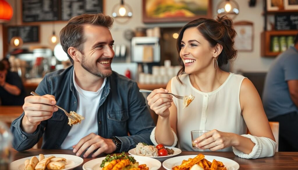 Couple enjoying food tour experience for anniversary gift