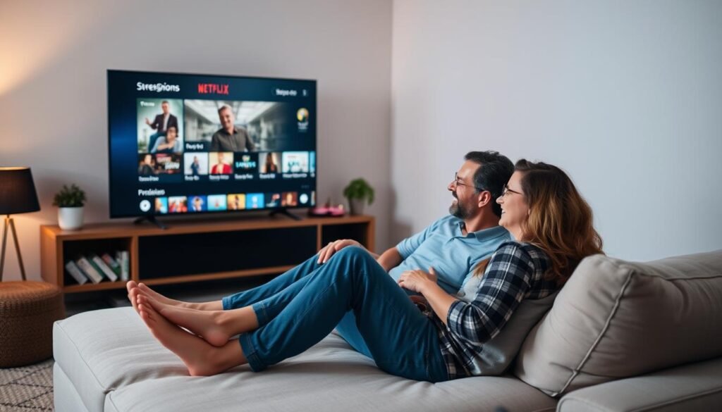 Couple enjoying premium streaming service on large TV for anniversary