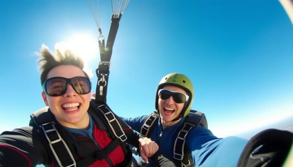 Couple enjoying skydiving experience as anniversary gift