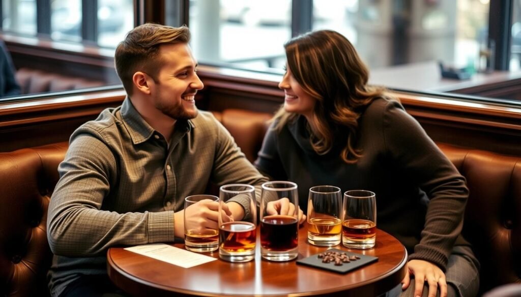 Couple enjoying whiskey tasting experience for 10 year anniversary gift for him