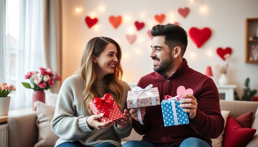 Couple exchanging Valentine's Day gifts with joy and love