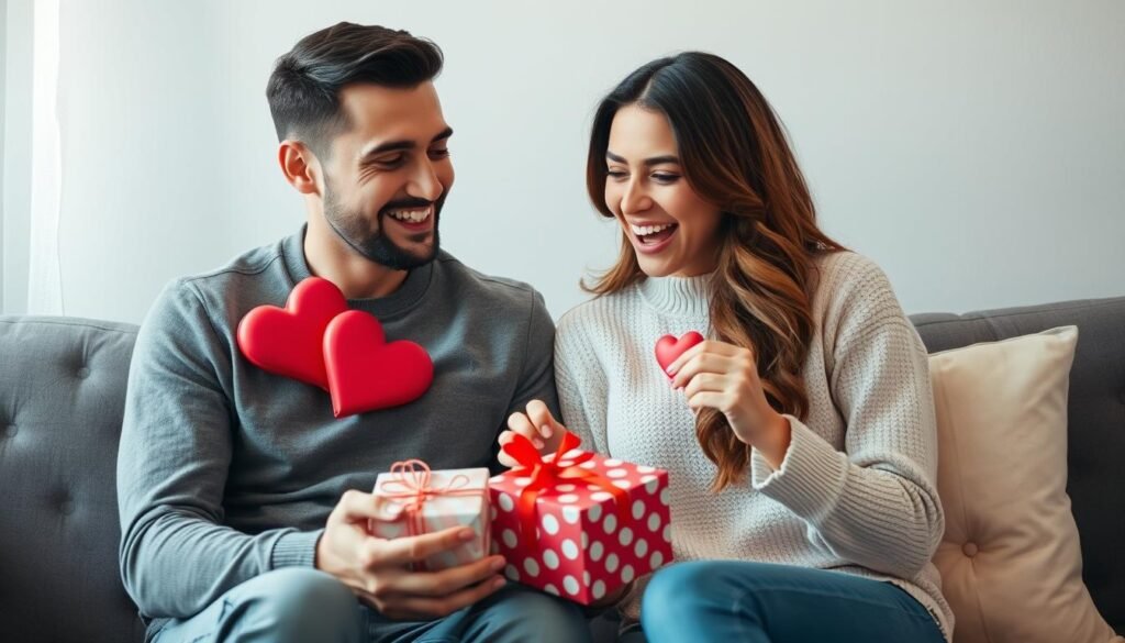 Couple exchanging Valentine's gifts with joy - cute valentines gifts
