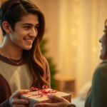 Couple exchanging romantic gifts with the man looking surprised and happy