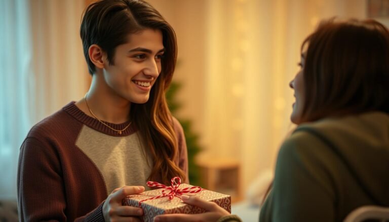 Couple exchanging romantic gifts with the man looking surprised and happy