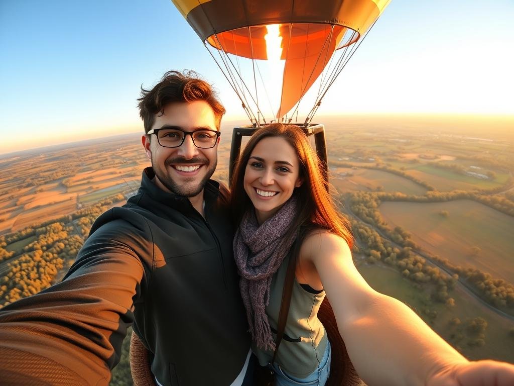 Couple on a hot air balloon ride for anniversary adventure