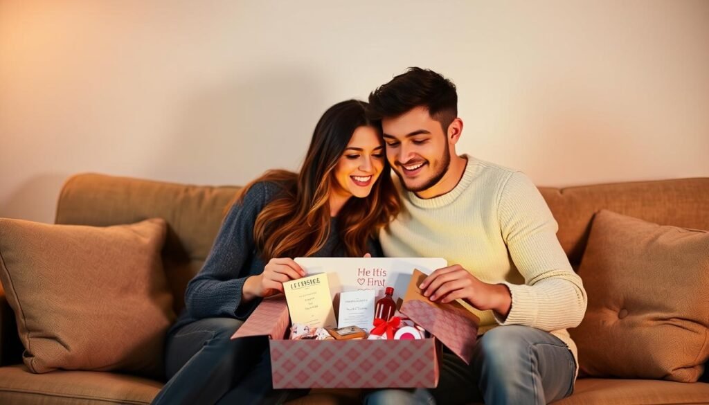 Couple opening date night subscription box together - cute valentines gifts