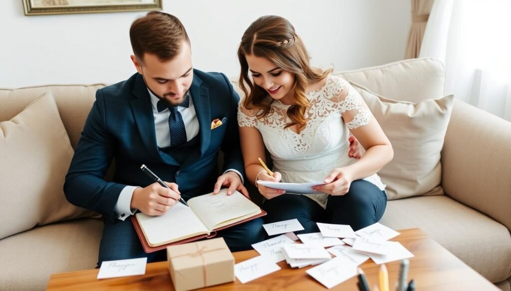 Couple organizing wedding gifts and writing thank you notes