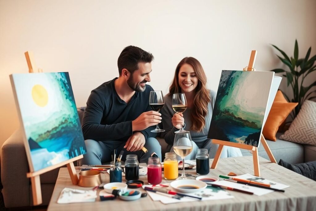 Couple painting together at a paint and sip event