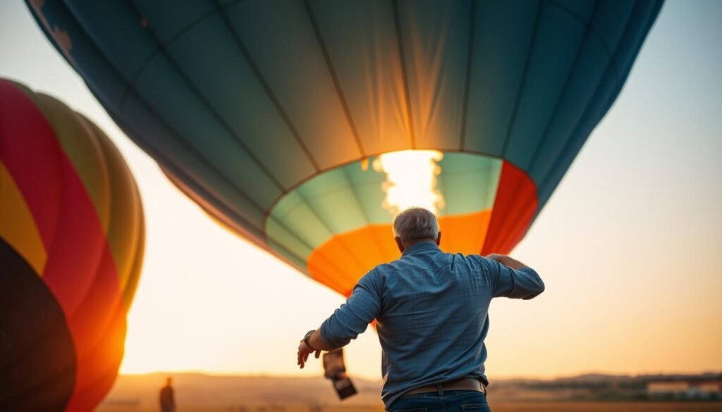 Couple preparing for hot air balloon ride anniversary experience