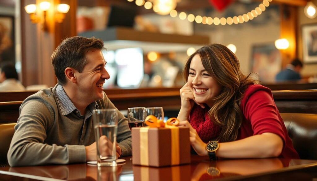 Couple recreating their first date as romantic gift presentation