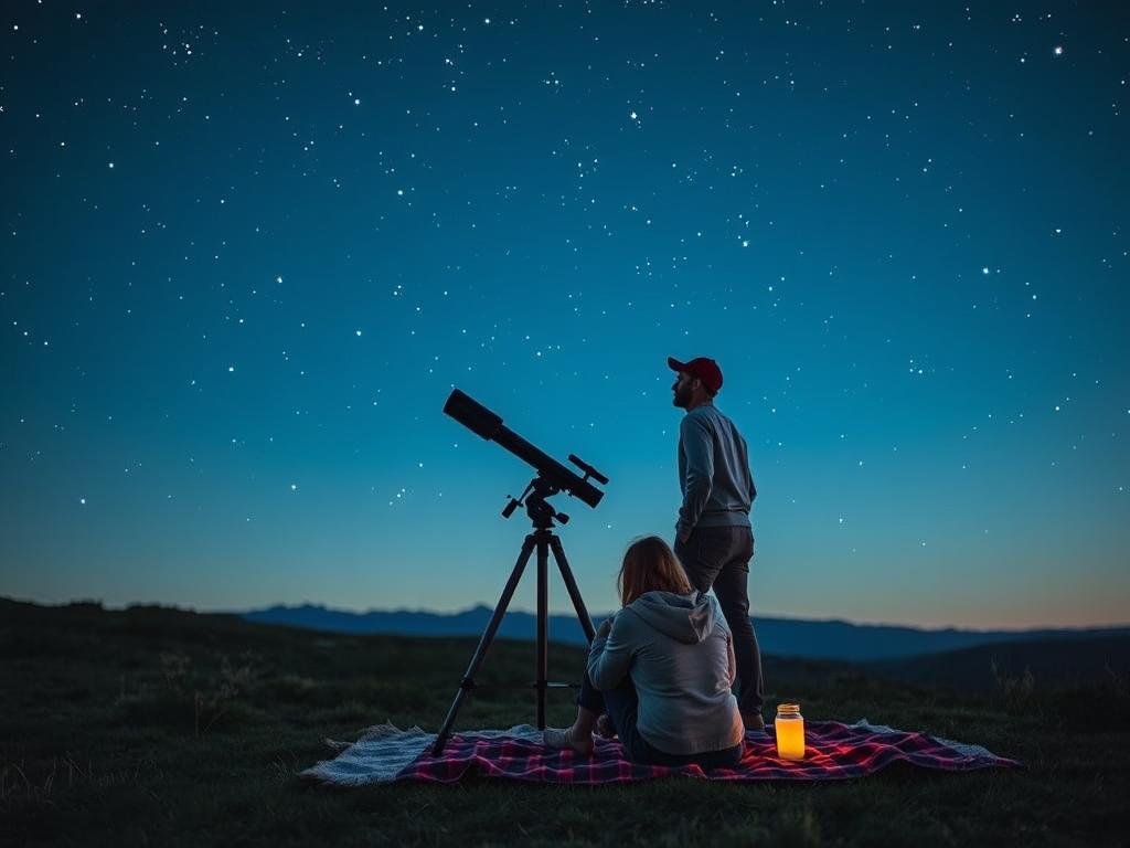 Couple stargazing with a telescope under a night sky