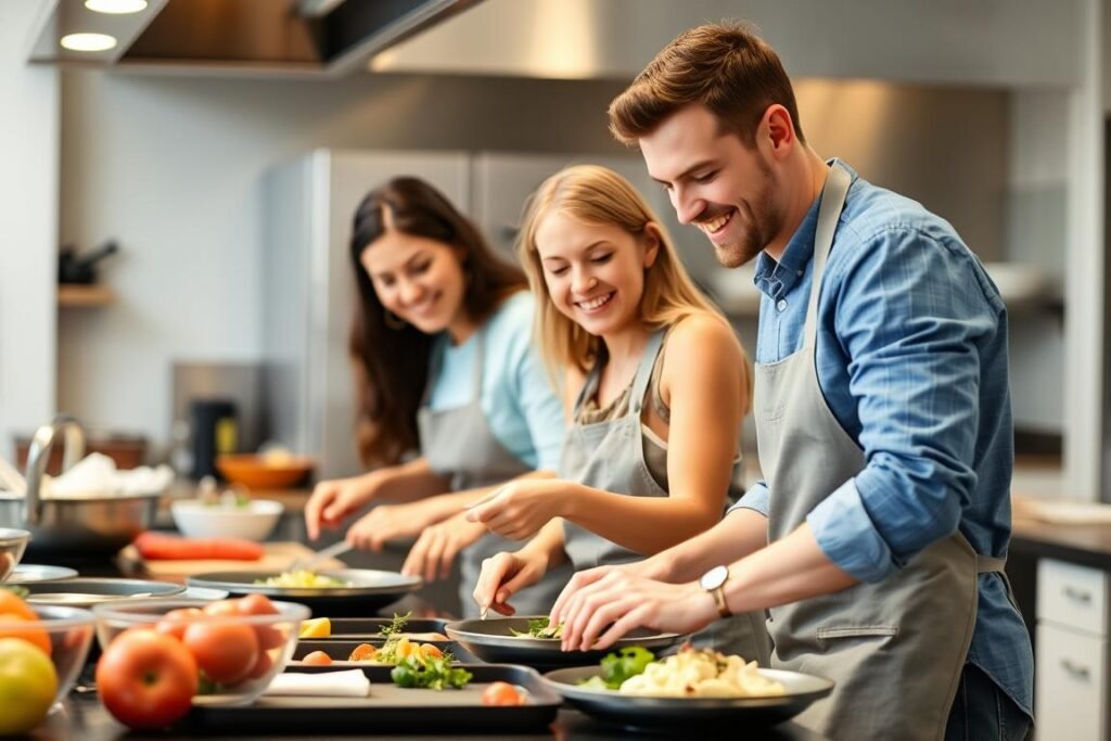 Couple taking a cooking class together as romantic gifts for boyfriend