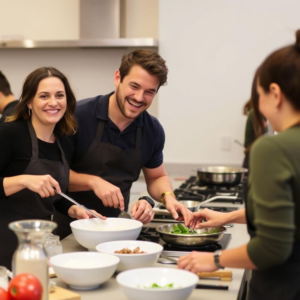 Couple taking a cooking class together for anniversary gift ideas