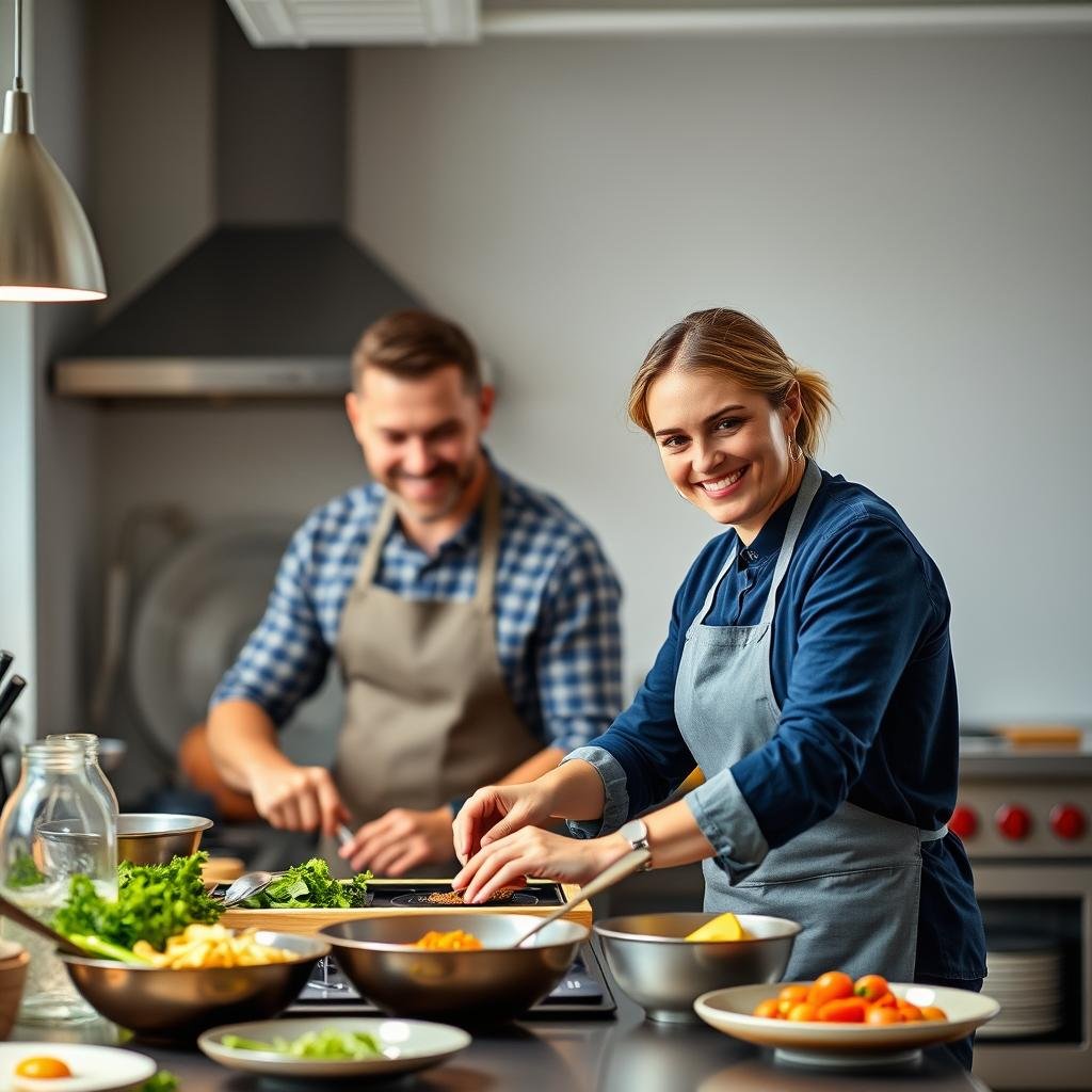 Couple taking a cooking class together for anniversary gifts for her