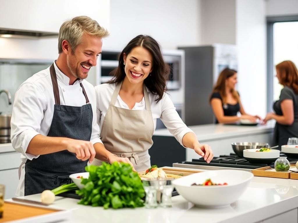 Couple taking a cooking class together for anniversary