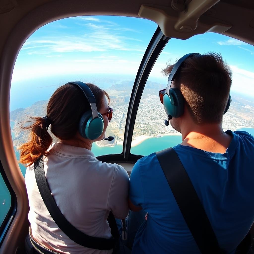 Couple taking a helicopter tour over scenic landscape for anniversary gifts for her