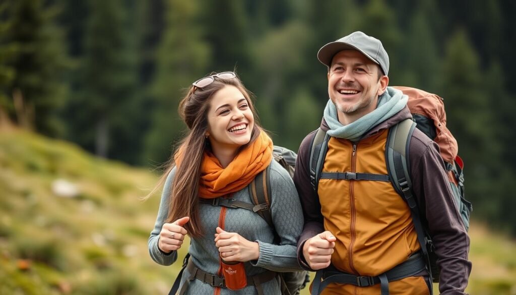 Couple with matching outdoor gear hiking together as romantic gifts idea