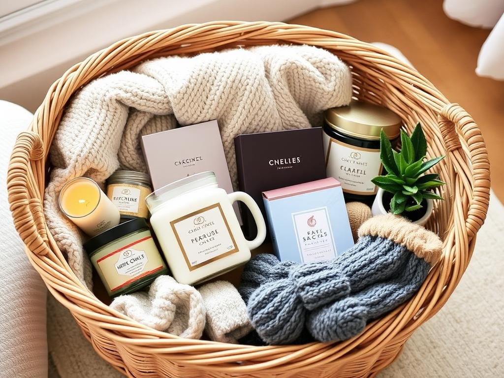 Cozy home comfort basket with throw blanket, candles, and tea