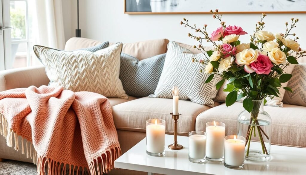Cozy living room with throw blankets, candles and decorative items, home decor gift ideas for women
