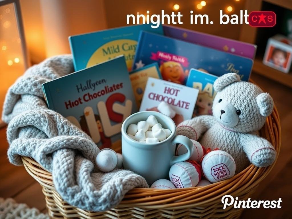 Cozy night in kids gift basket with soft blanket, books, hot chocolate, and stuffed animal