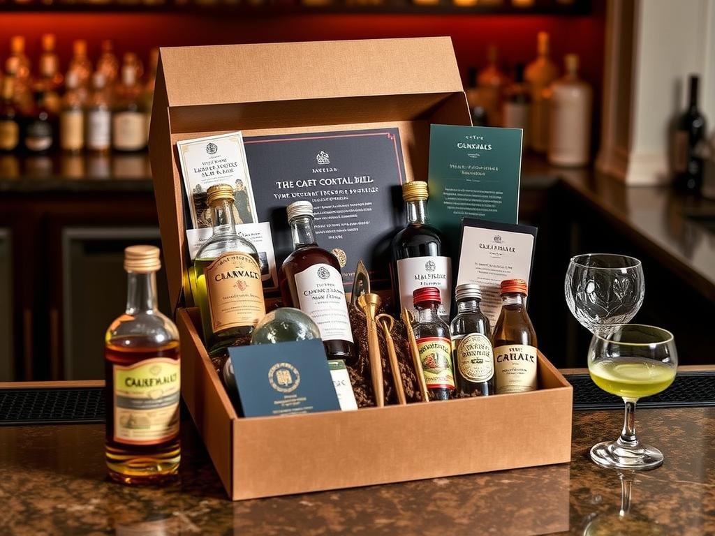 Craft cocktail subscription box with premium spirits, mixers, garnishes and recipe cards