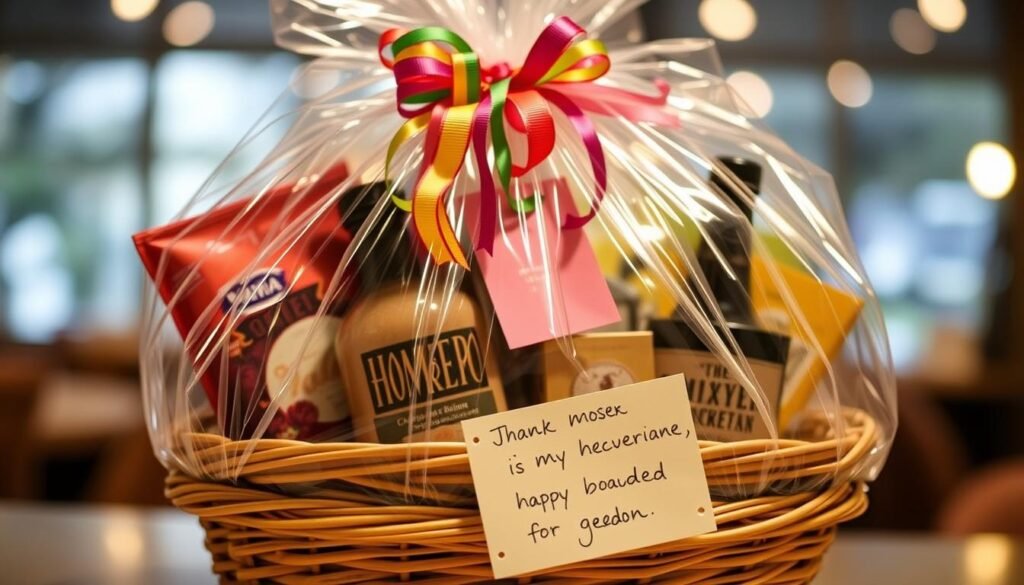 Creative gift basket presentation with colorful wrapping and personalized touches