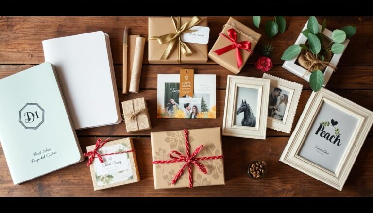 Creative gift ideas displayed on a wooden table including personalized items, DIY kits, and experience gifts