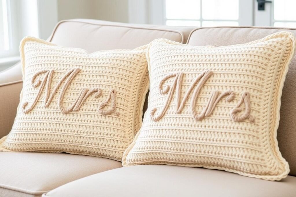 Crocheted decorative pillows with Mr and Mrs text displayed on a couch