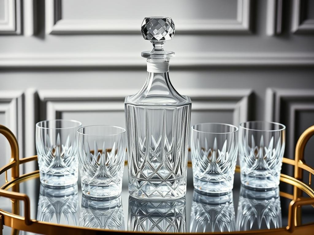 Crystal decanter set with matching whiskey glasses on an elegant bar cart