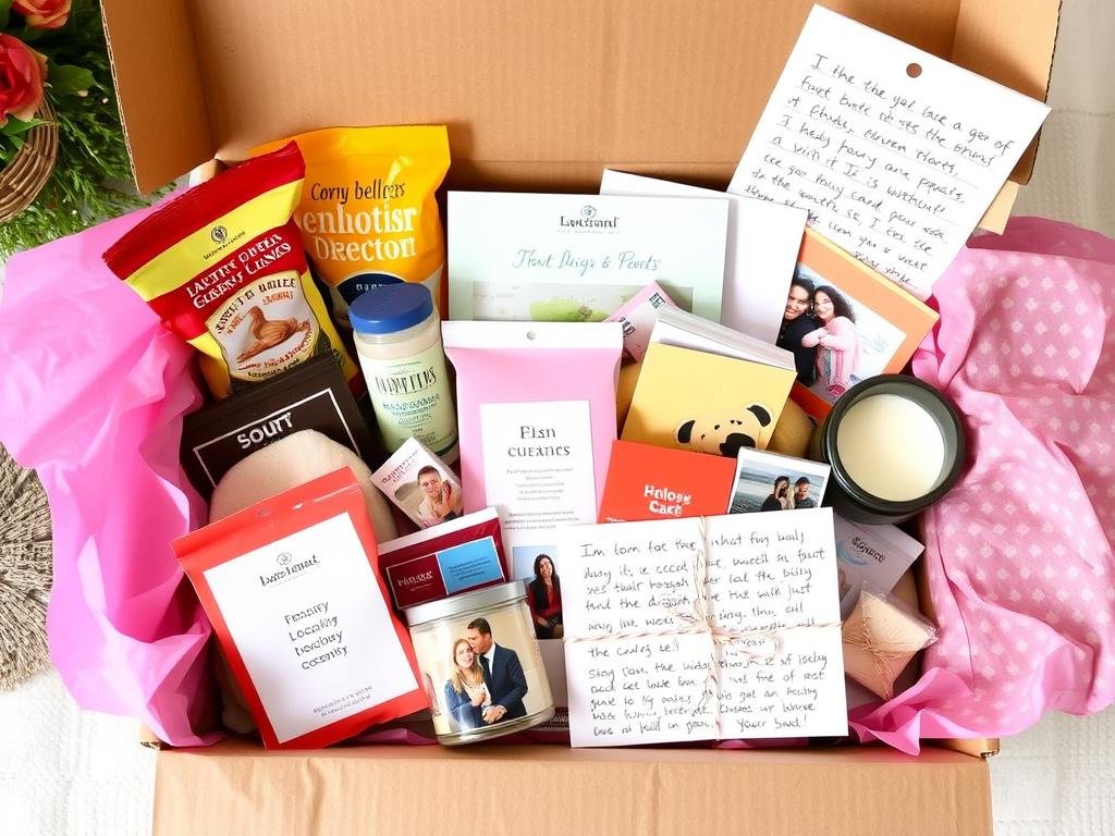 Curated care package with items from both friends' locations