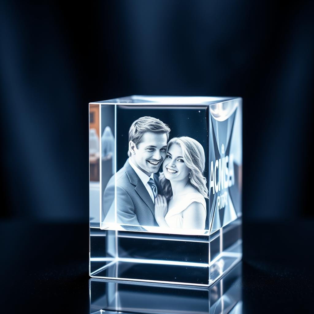 Custom 3D crystal photo with laser-etched image as a crystal anniversary gift