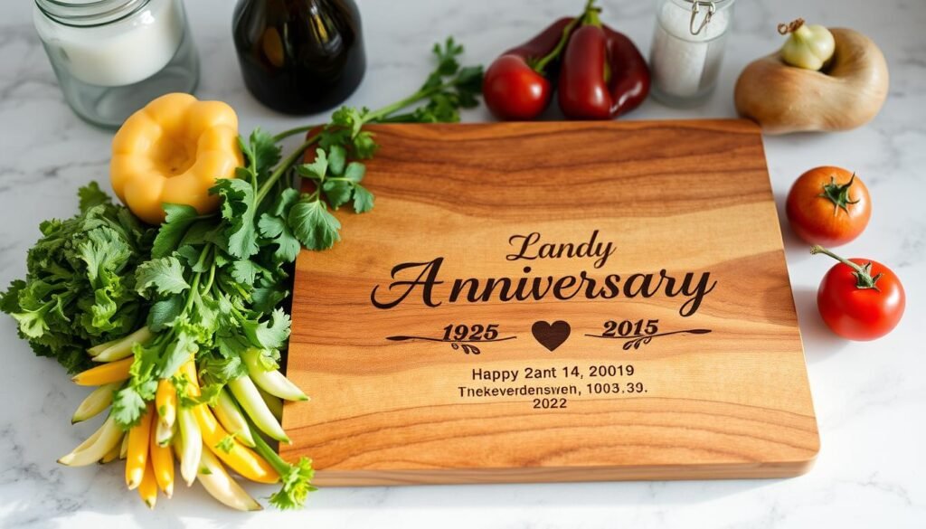Custom engraved wooden cutting board with couple's names