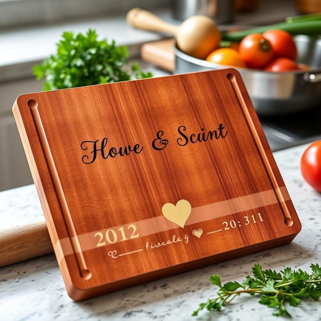 Custom engraved wooden cutting board with names and date as a 1 year anniversary gift