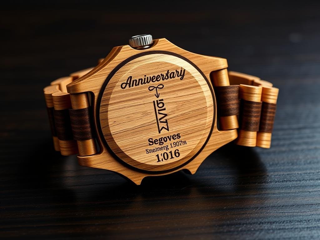 Custom engraved wooden watch with anniversary date for him