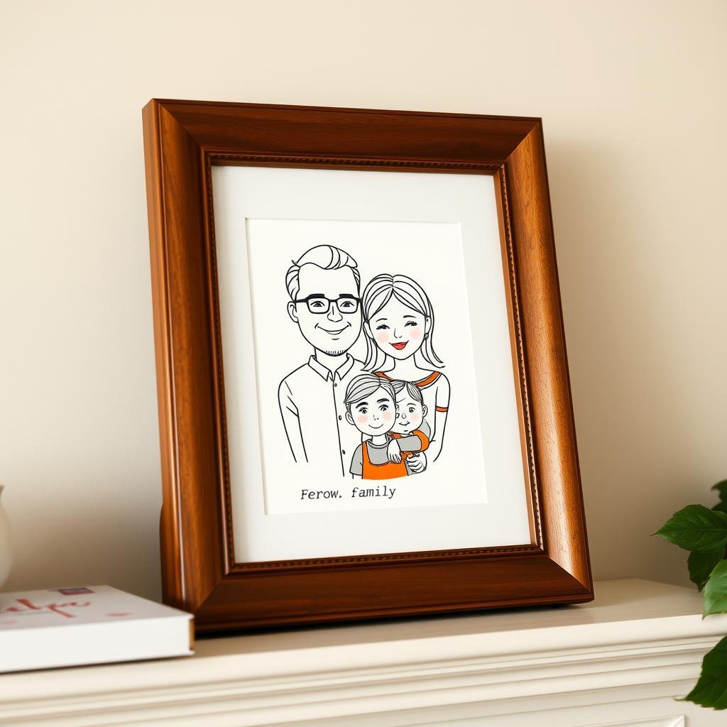 Custom family portrait illustration in a wooden frame creative gift ideas