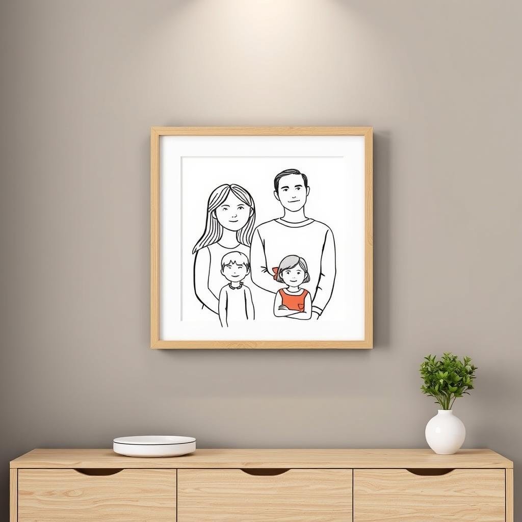 Custom family portrait illustration in frame, artistic gift idea for women