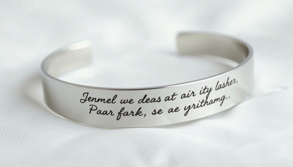 Custom handwriting bracelet featuring a personal message engraved in actual handwriting on a silver cuff