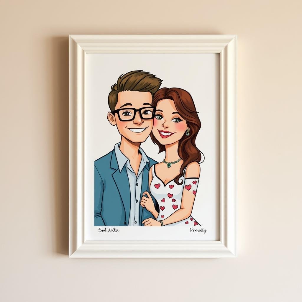 Custom illustrated portrait of couple in artistic style as a 1 year anniversary gift