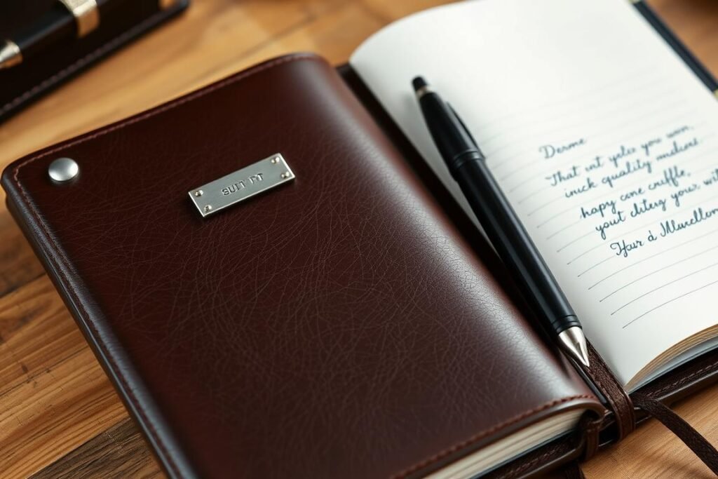 Custom leather journal with metal accents for 10 year anniversary gift for him