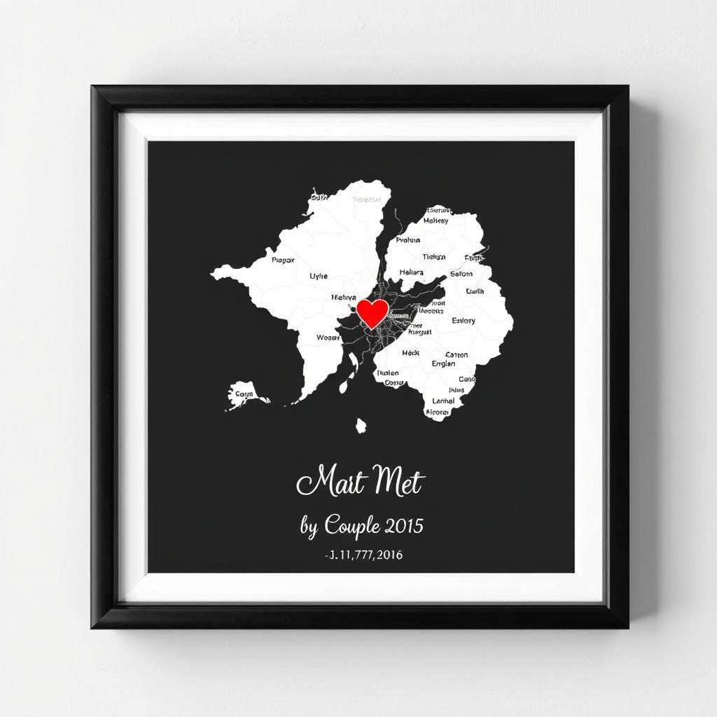 Custom map artwork showing where a couple met for anniversary gift ideas