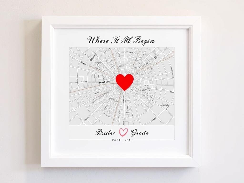 Custom map print showing where bride and groom first met, with heart marking the exact location