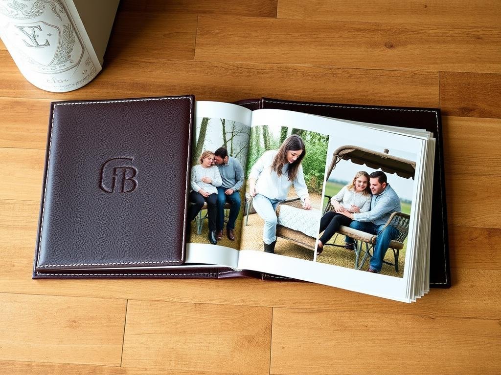 Custom photo album with leather cover and monogram, memory gift idea for women