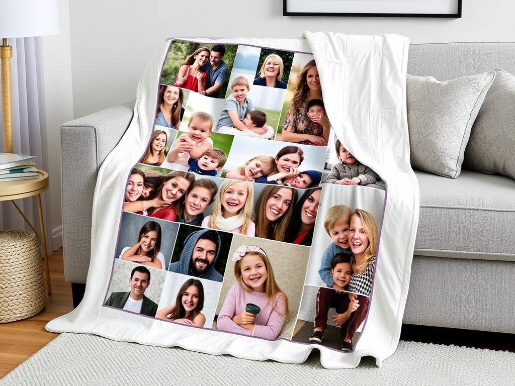 Custom photo blanket with collage of family pictures, cozy gift idea for women