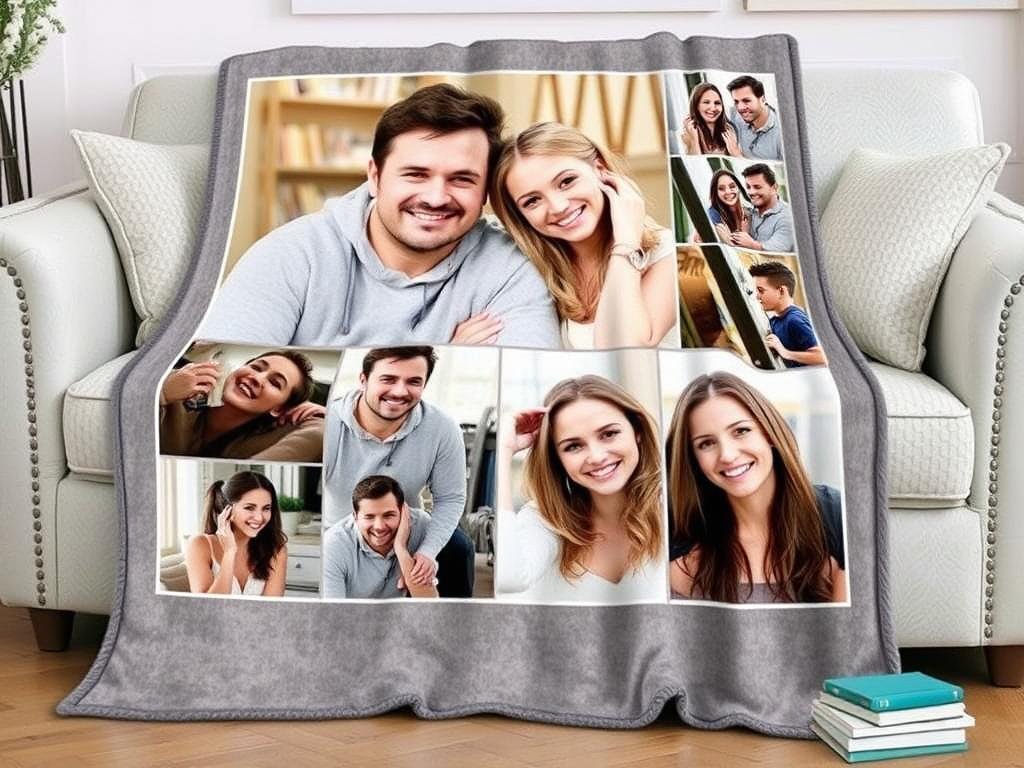 Custom photo blanket with couple's pictures for anniversary