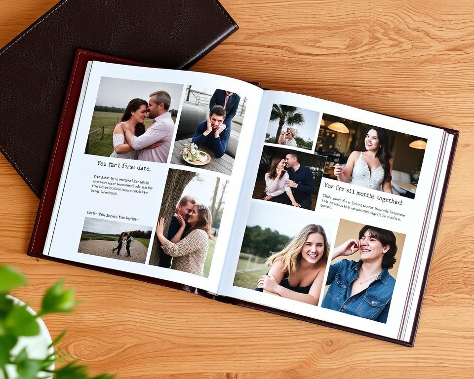 Custom photo book displaying couple's 6 month journey together