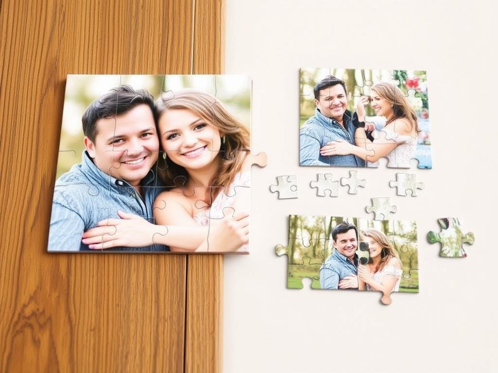 Custom photo puzzle being assembled by couple