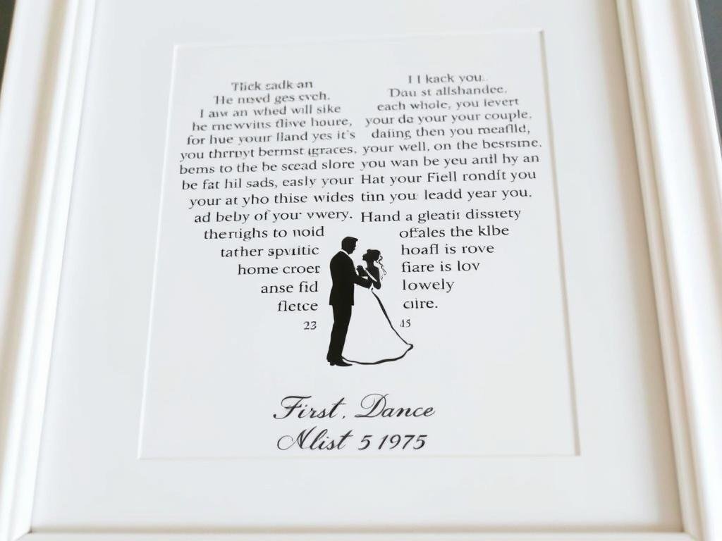 Custom song lyric art featuring the couple's first dance song with wedding photo