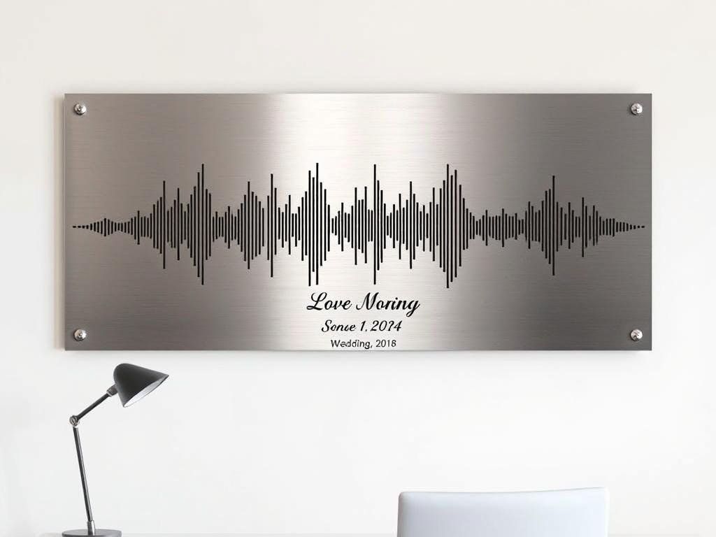 Custom sound wave art on metal showing wedding song waveform for 10 year anniversary gift for him